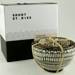 SHORT STORIES nesting bowl set of 3, black and white ceramic, NEW in box